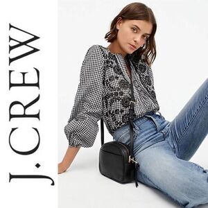 J.Crew Embroidered gingham popover blouse NWT